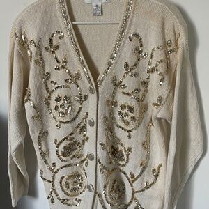 Victoria Harbour Embellished Vintage Cardigan | Beaded Ivory Statement Sweater |